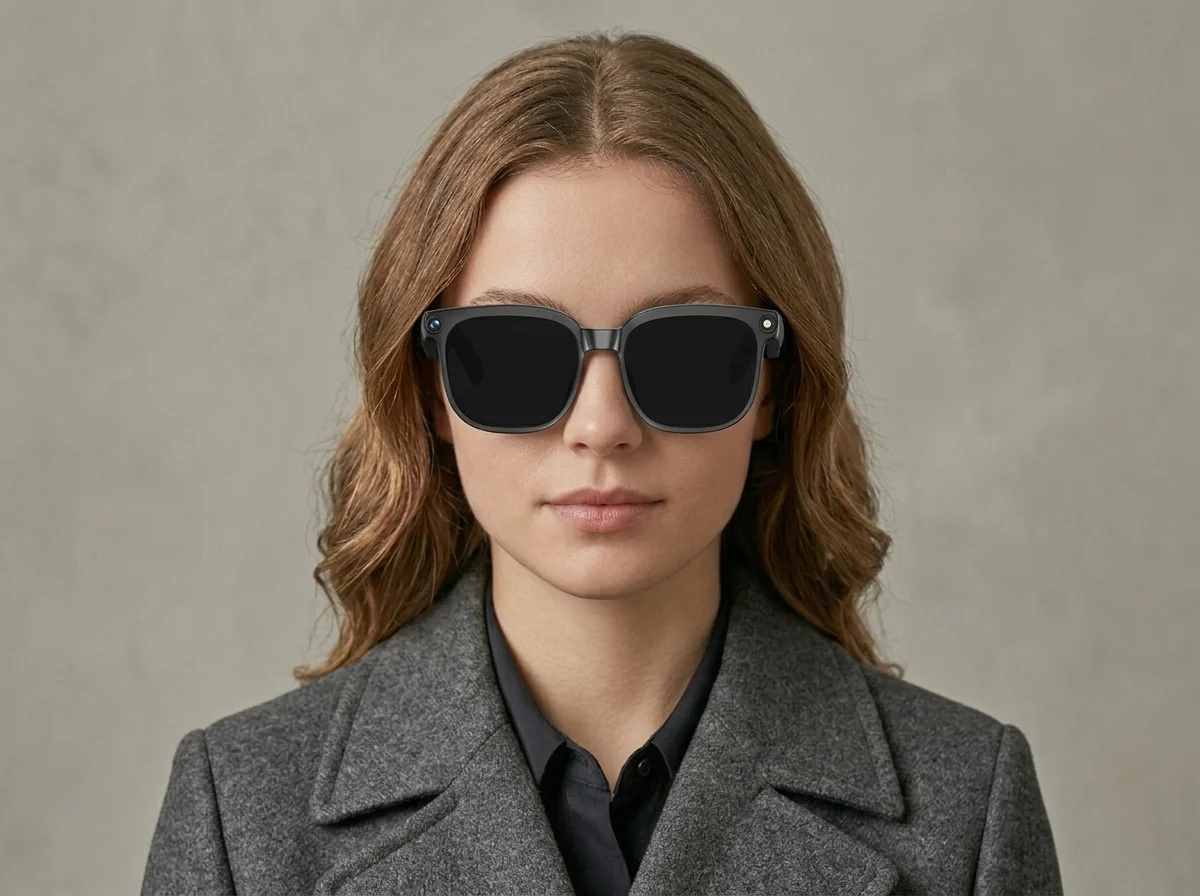 Close-up of a woman wearing black rectangular sunglasses with the text 'AI POWERED' on the side frame.